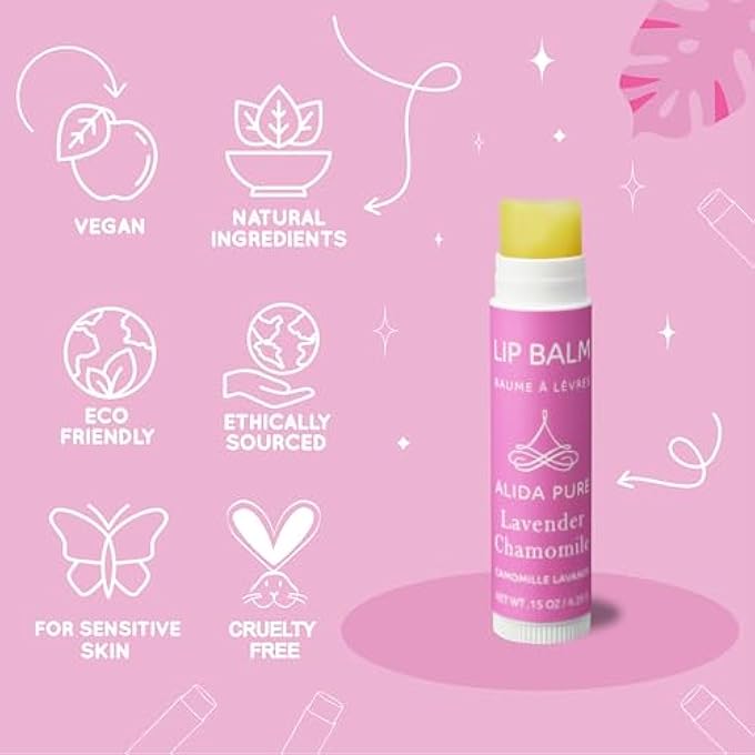 ALIDA PURE VEGAN LIP BALM LAVENDER CHAMOMILE LIP BALM COLLECTION, CRUELTY FREE CHAPSTICK, MOISTURIZE DRY, ED, OR CHAPPED, LIPS, 5 TUBE SET. - Image 4